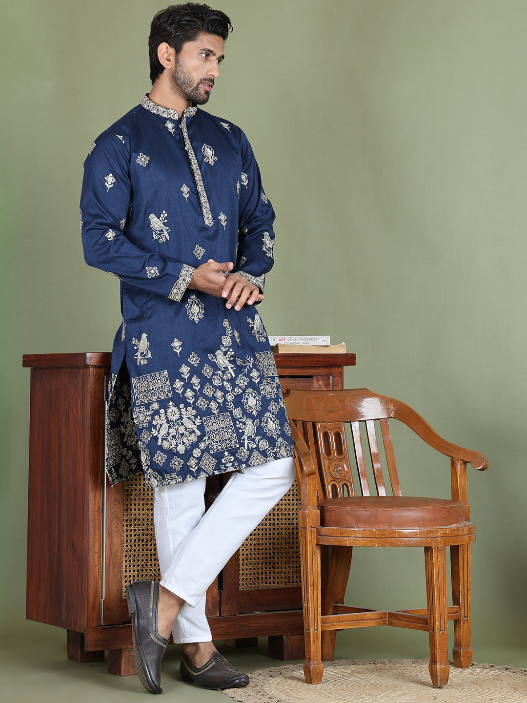 Floral Embroidered and Sequins Kurta Set ( JOKP 5155Navy )