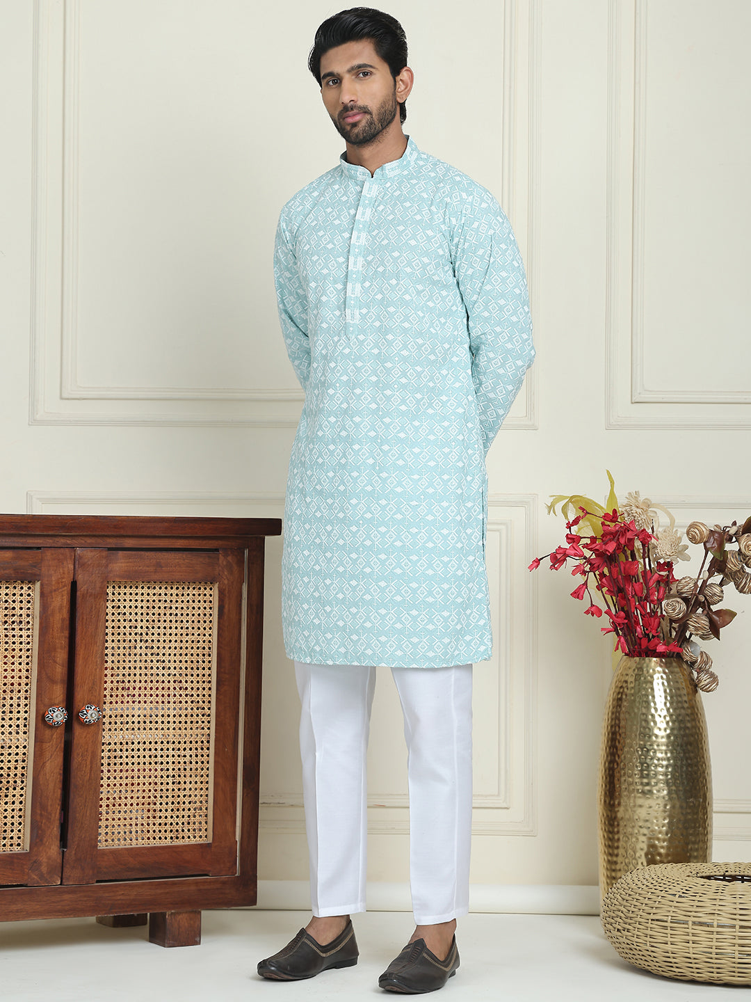 Embroidered and Sequins straight Kurta Set for Men ( JOKP P 5157 Blue )