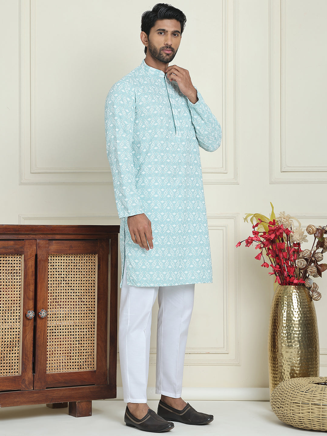 Embroidered and Sequins straight Kurta Set for Men ( JOKP P 5157 Blue )