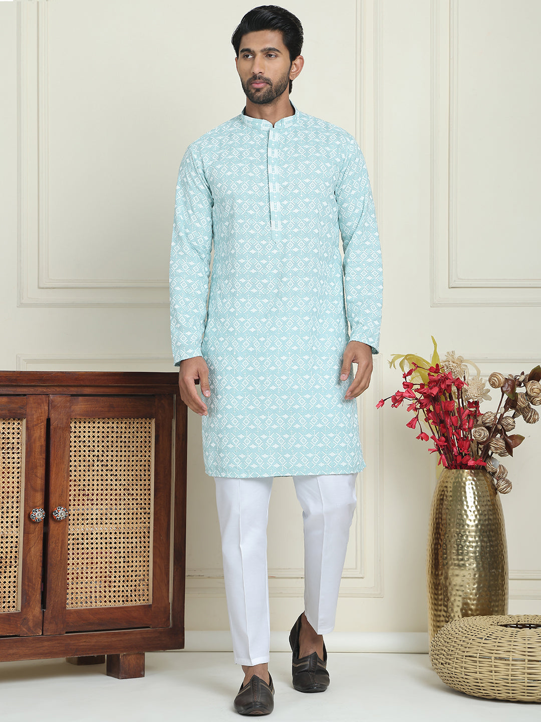 Embroidered and Sequins straight Kurta Set for Men ( JOKP P 5157 Blue )