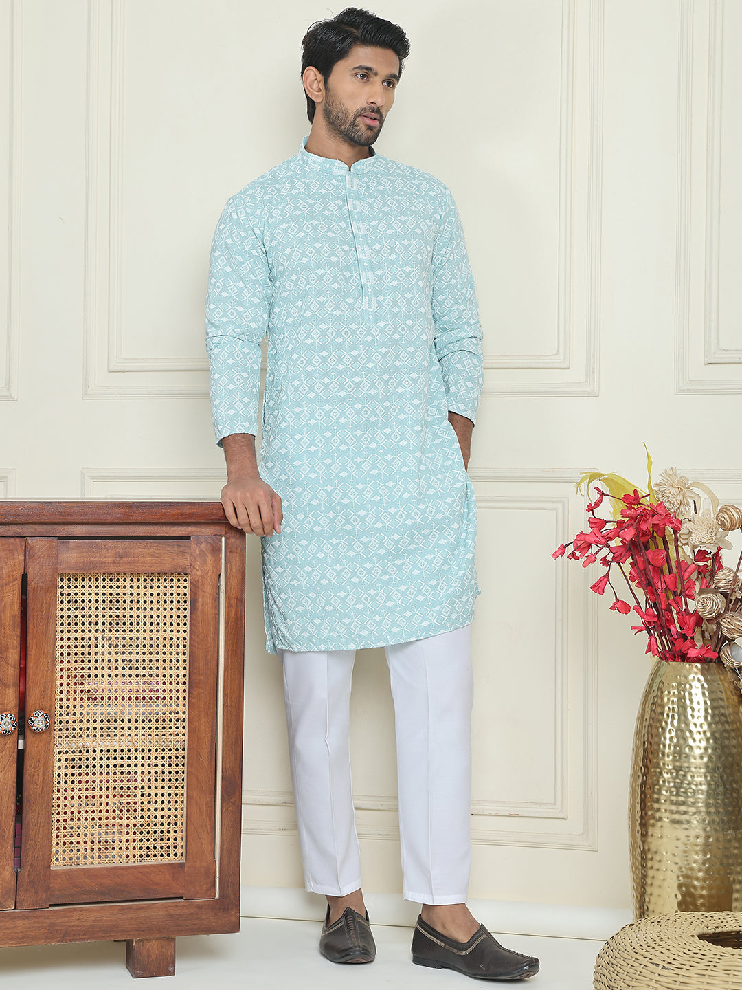 Embroidered and Sequins straight Kurta Set for Men ( JOKP P 5157 Blue )
