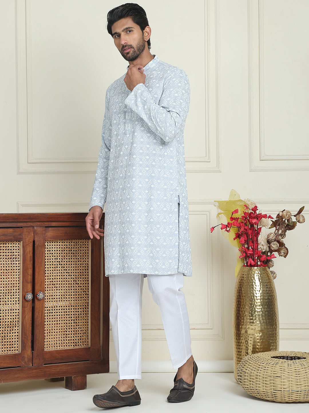 Embroidered and Sequins straight Kurta Set for Men ( JOKP P 5157 Grey )