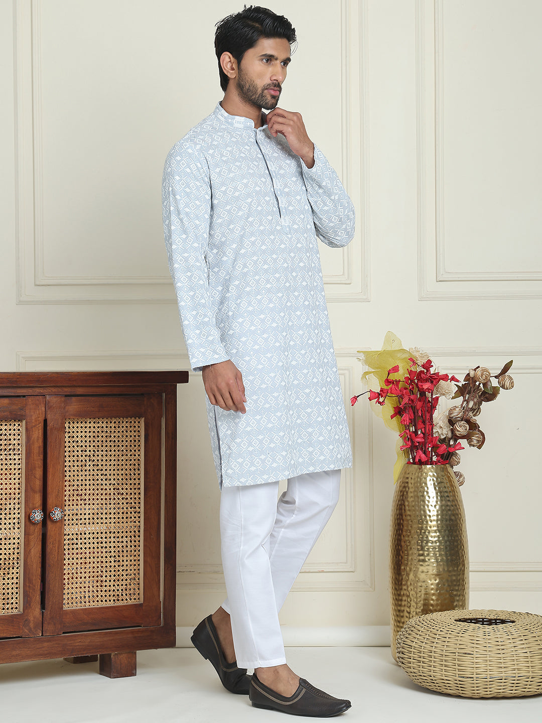 Embroidered and Sequins straight Kurta Set for Men ( JOKP P 5157 Grey )