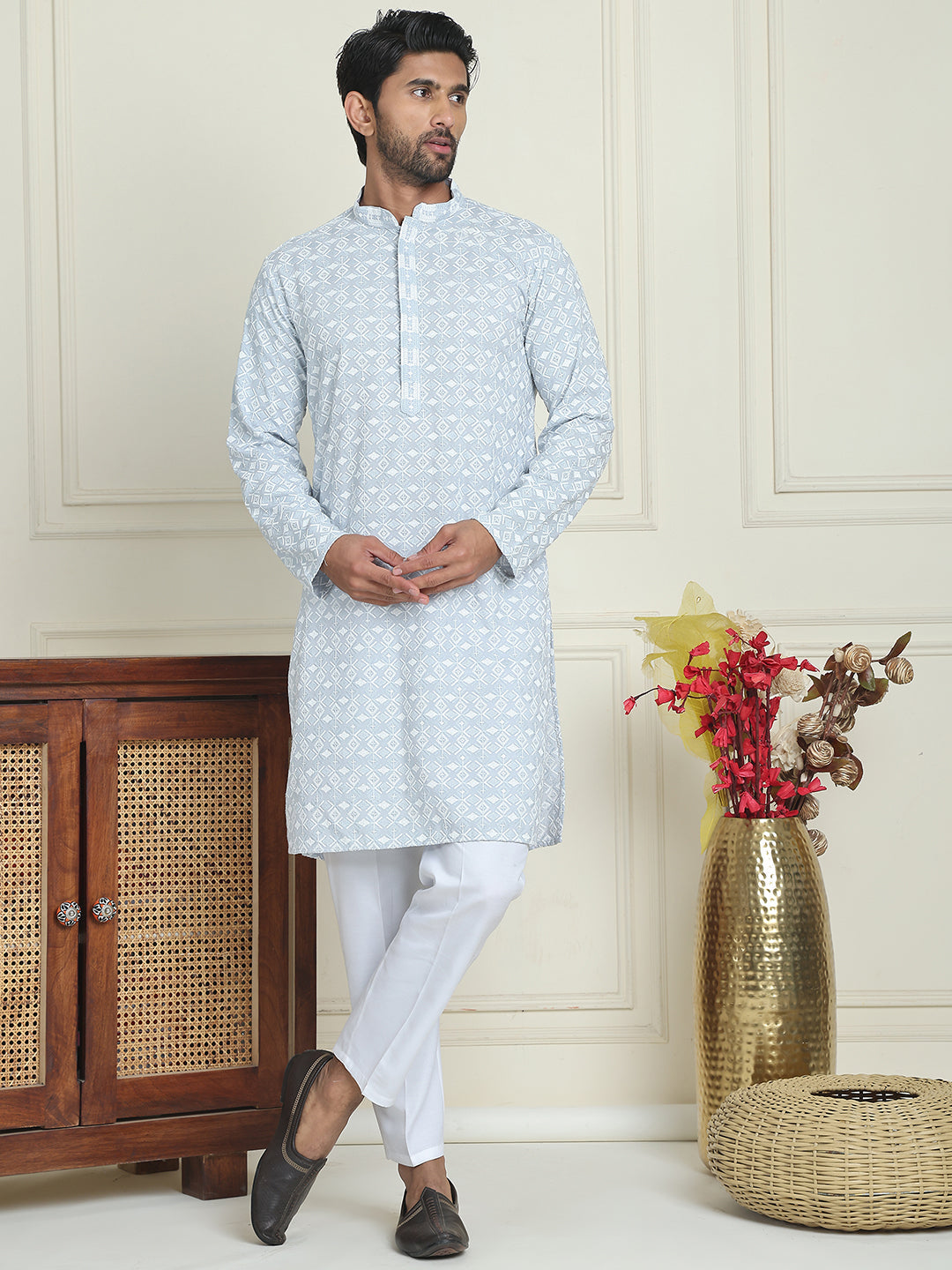 Embroidered and Sequins straight Kurta Set for Men ( JOKP P 5157 Grey )