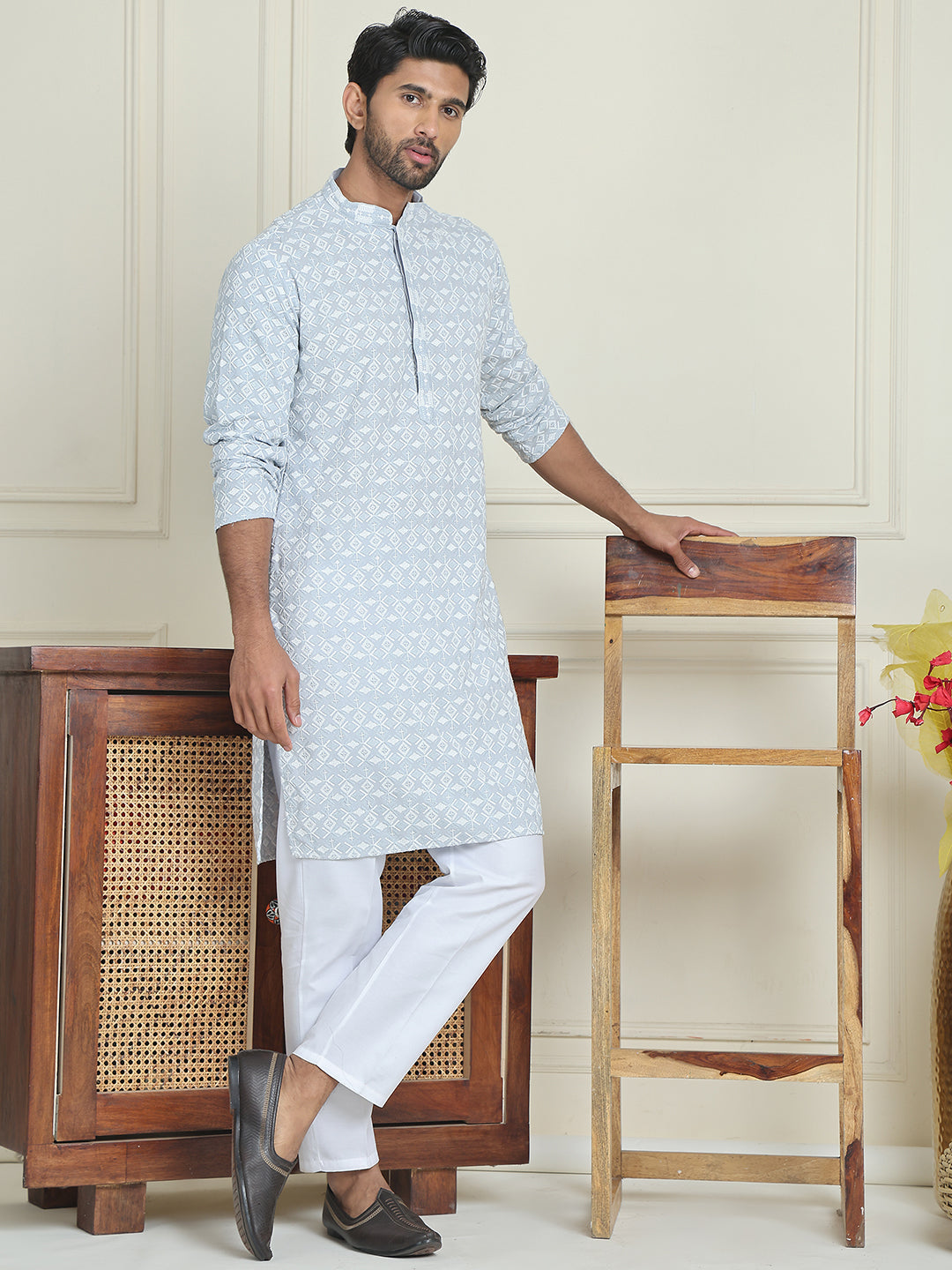 Embroidered and Sequins straight Kurta Set for Men ( JOKP P 5157 Grey )