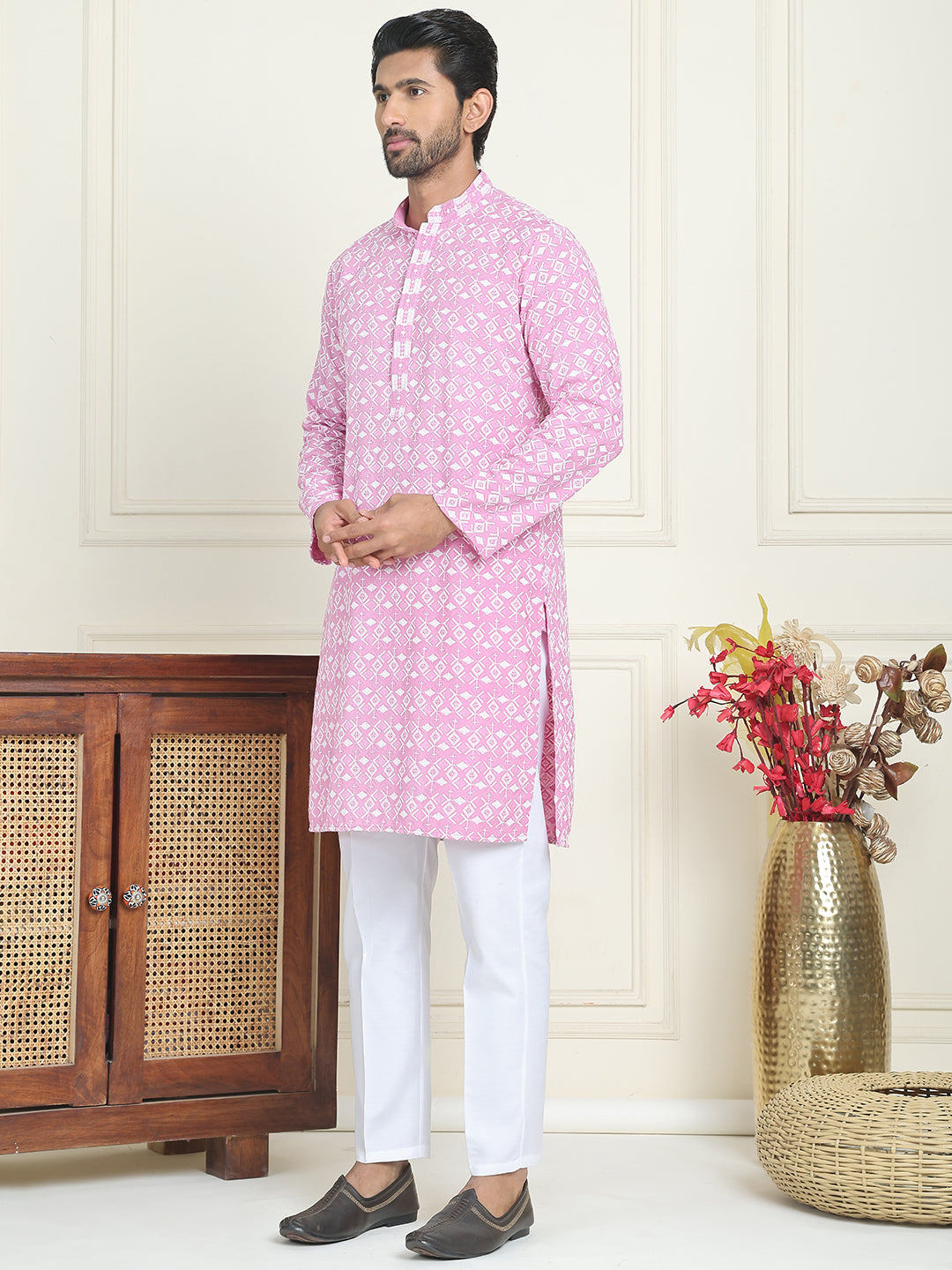 Embroidered and Sequins straight Kurta Set for Men ( JOKP P 5157 Pink )