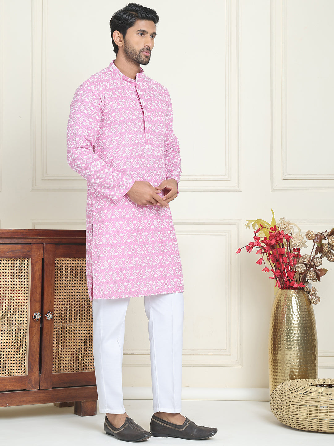 Embroidered and Sequins straight Kurta Set for Men ( JOKP P 5157 Pink )