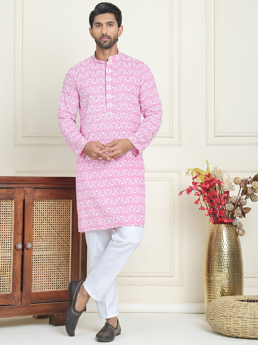 Embroidered and Sequins straight Kurta Set for Men ( JOKP P 5157 Pink )