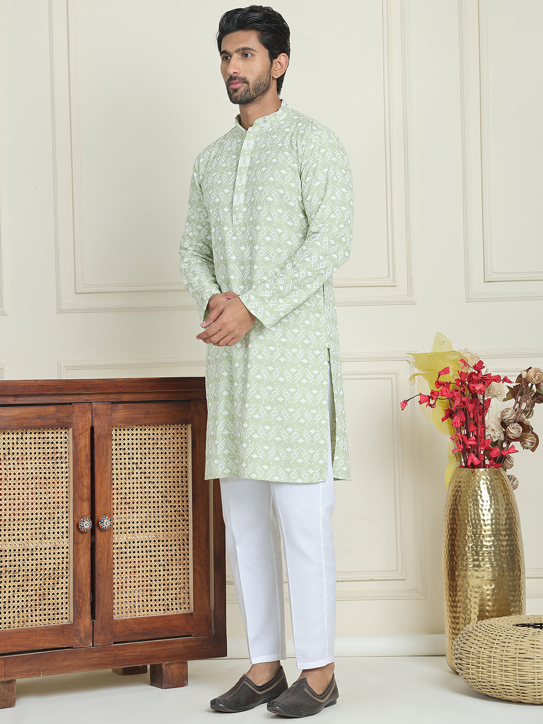 Embroidered and Sequins straight Kurta Set for Men ( JOKP P 5157 Pista )
