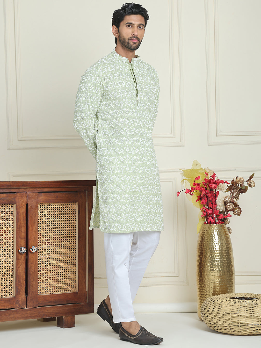 Embroidered and Sequins straight Kurta Set for Men ( JOKP P 5157 Pista )