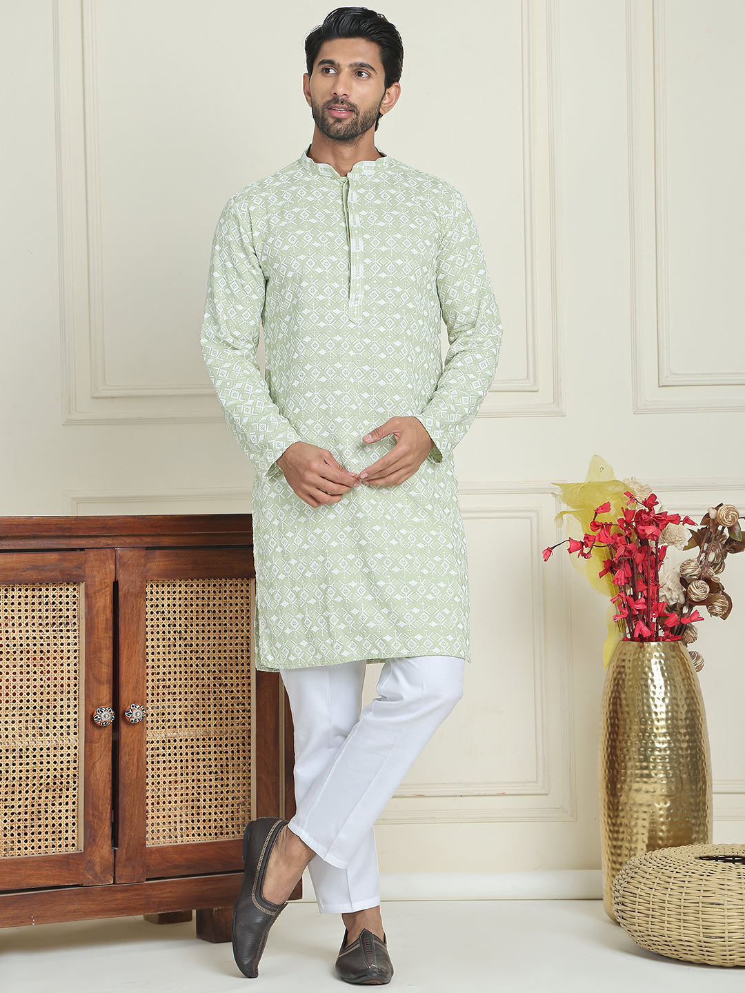 Embroidered and Sequins straight Kurta Set for Men ( JOKP P 5157 Pista )