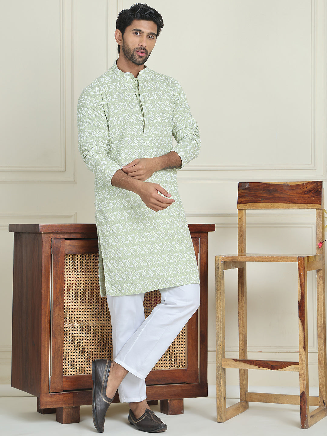Embroidered and Sequins straight Kurta Set for Men ( JOKP P 5157 Pista )