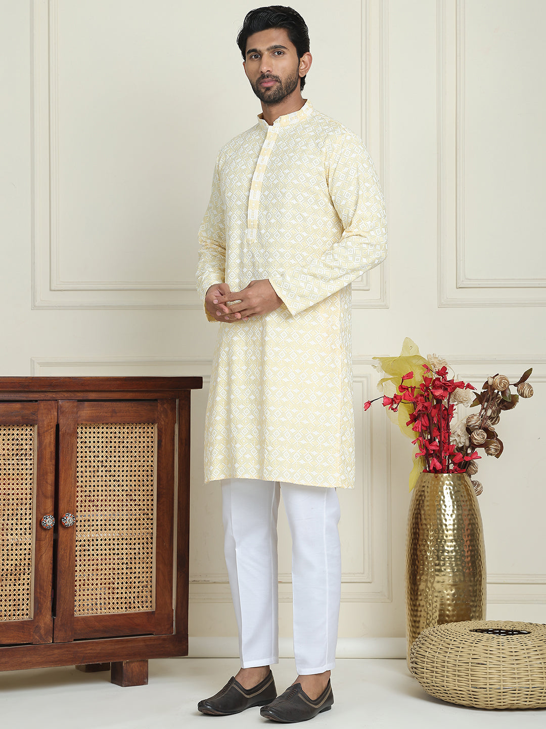 Embroidered and Sequins straight Kurta Set for Men ( JOKP P 5157 Yellow )