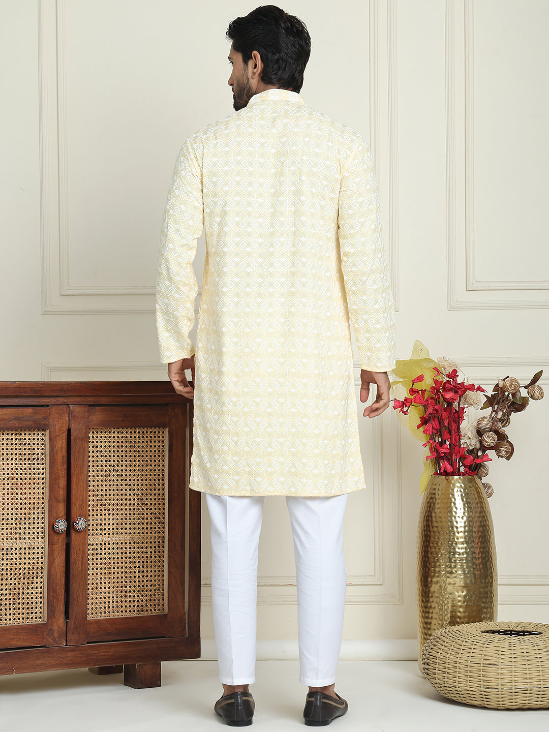 Embroidered and Sequins straight Kurta Set for Men ( JOKP P 5157 Yellow )