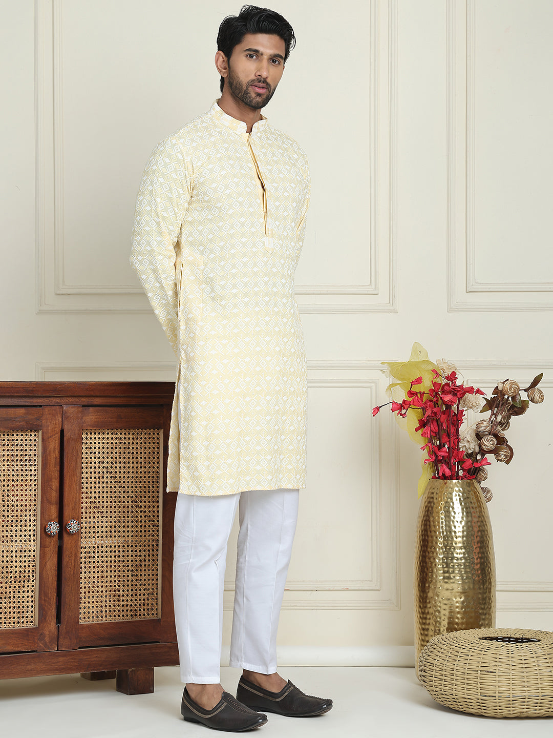 Embroidered and Sequins straight Kurta Set for Men ( JOKP P 5157 Yellow )