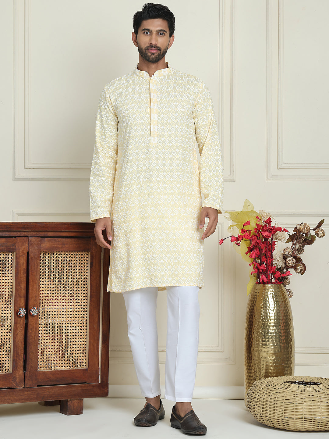 Embroidered and Sequins straight Kurta Set for Men ( JOKP P 5157 Yellow )