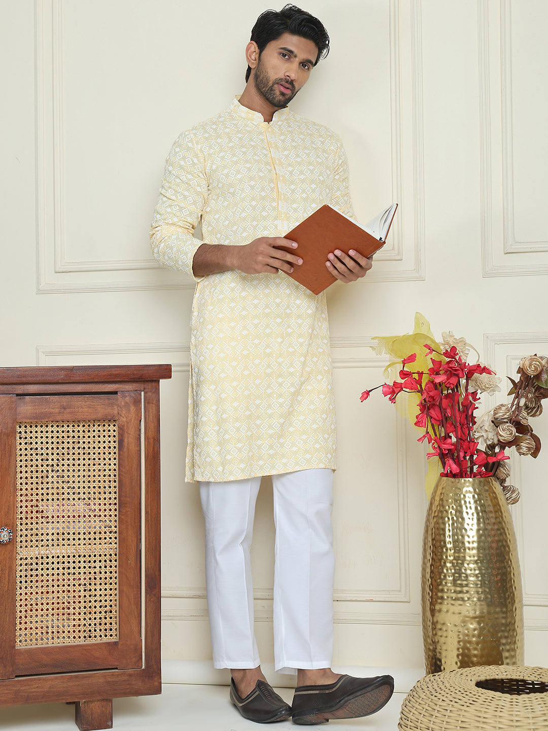 Embroidered and Sequins straight Kurta Set for Men ( JOKP P 5157 Yellow )