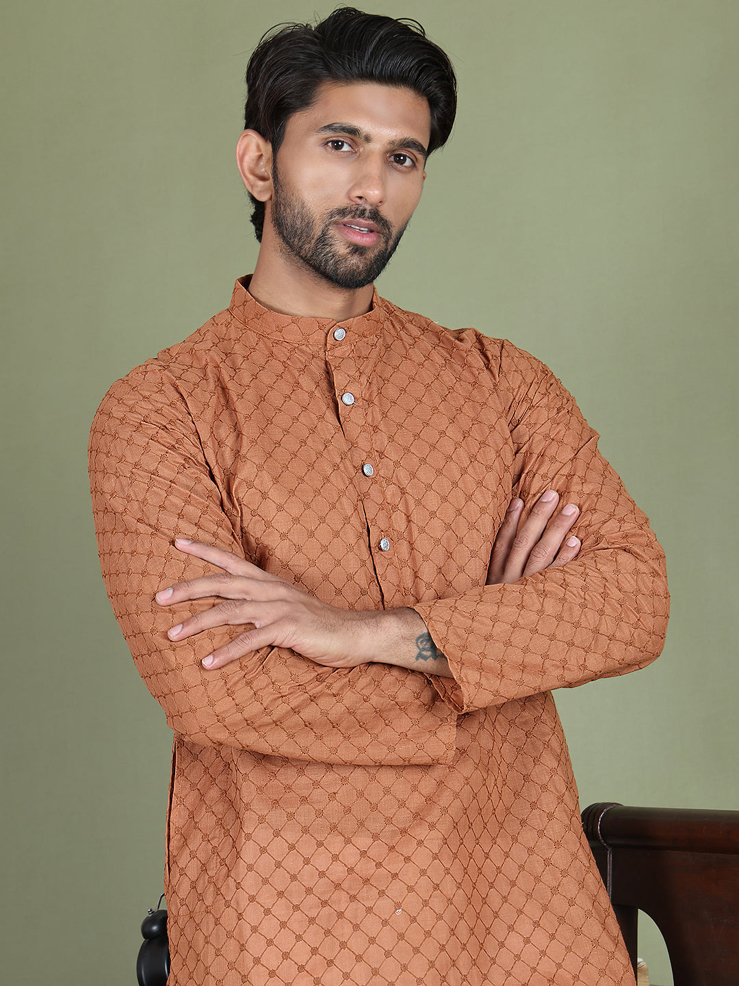 Chikankari Pure Cotton Kurta with Churidar ( JOKP 5158Brown )