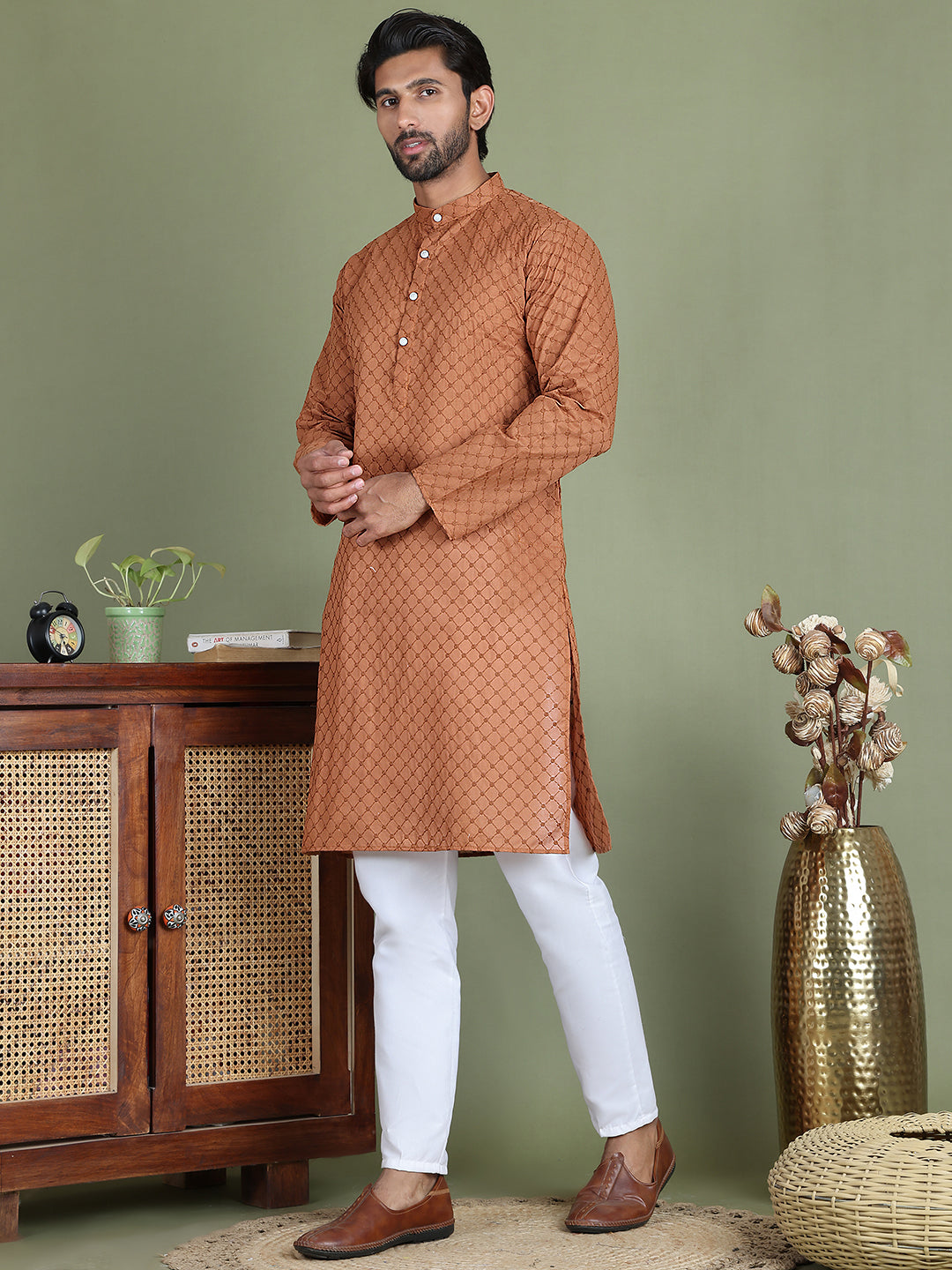 Chikankari Pure Cotton Kurta with Churidar ( JOKP 5158Brown )