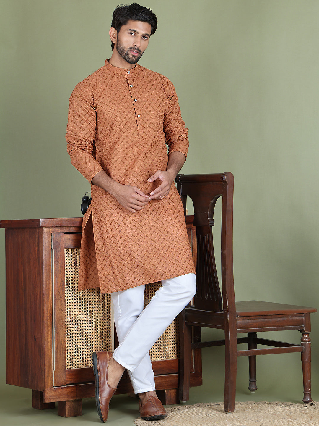 Chikankari Pure Cotton Kurta with Churidar ( JOKP 5158Brown )