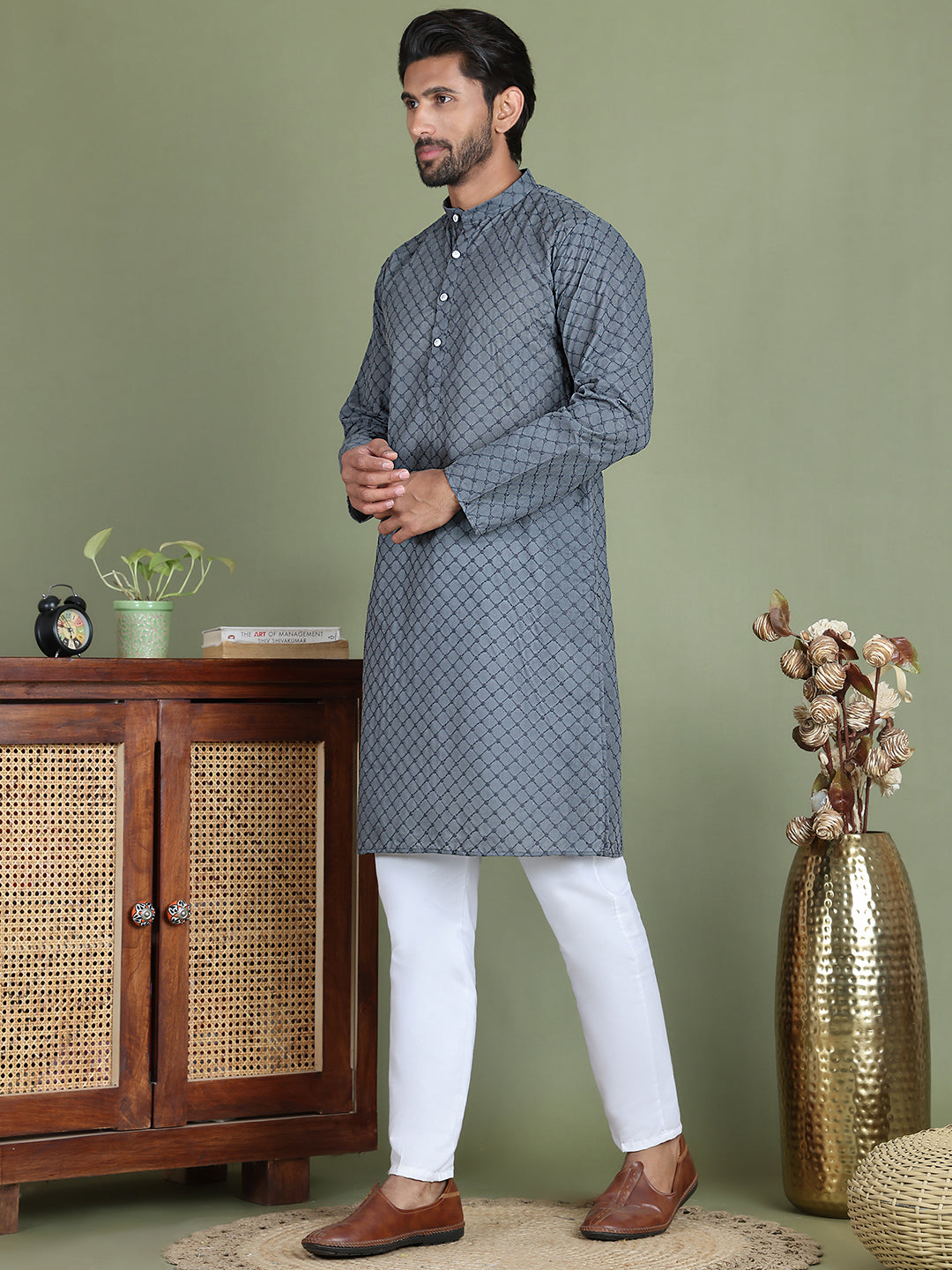 Chikankari Pure Cotton Kurta with Churidar ( JOKP 5158Grey )