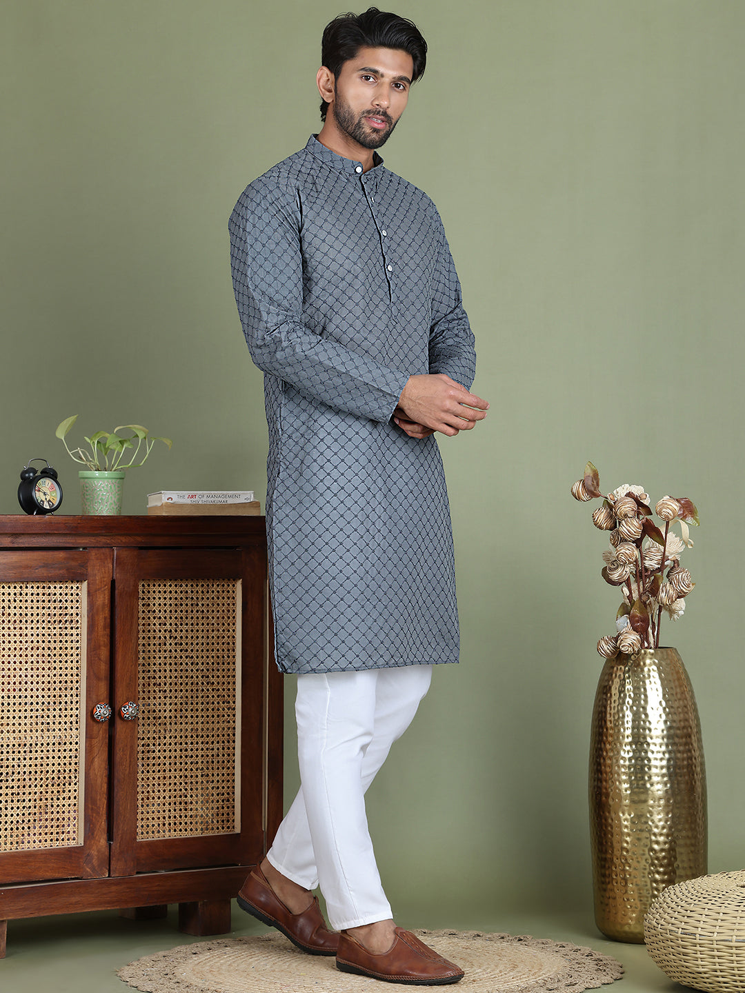 Chikankari Pure Cotton Kurta with Churidar ( JOKP 5158Grey )