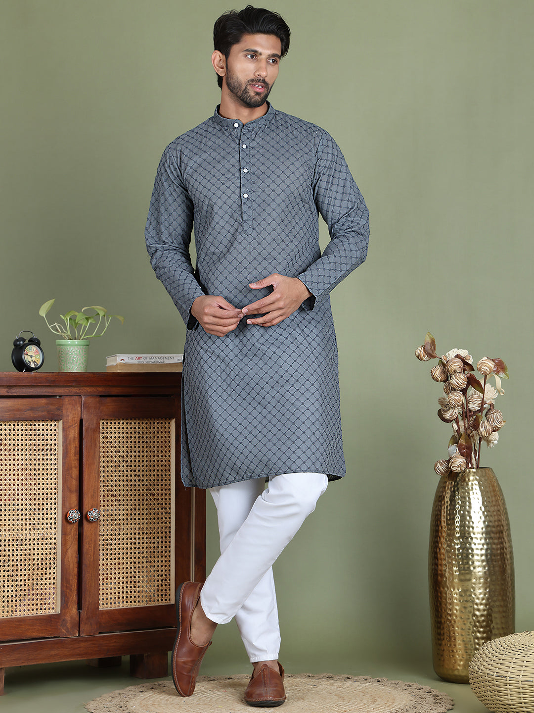 Chikankari Pure Cotton Kurta with Churidar ( JOKP 5158Grey )