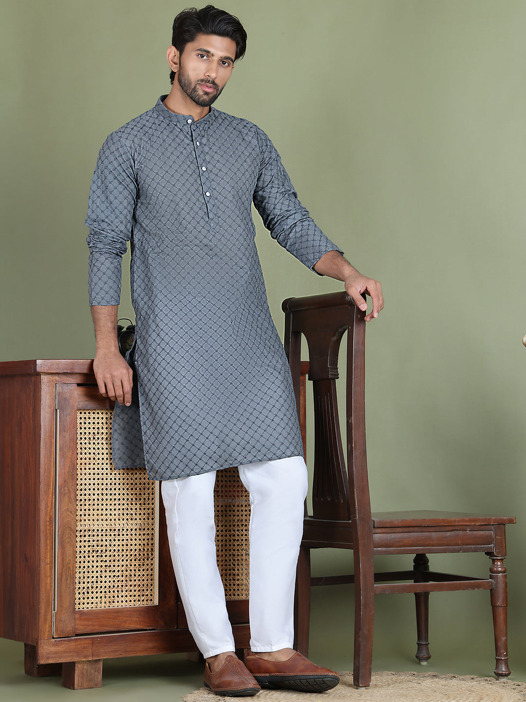 Chikankari Pure Cotton Kurta with Churidar ( JOKP 5158Grey )