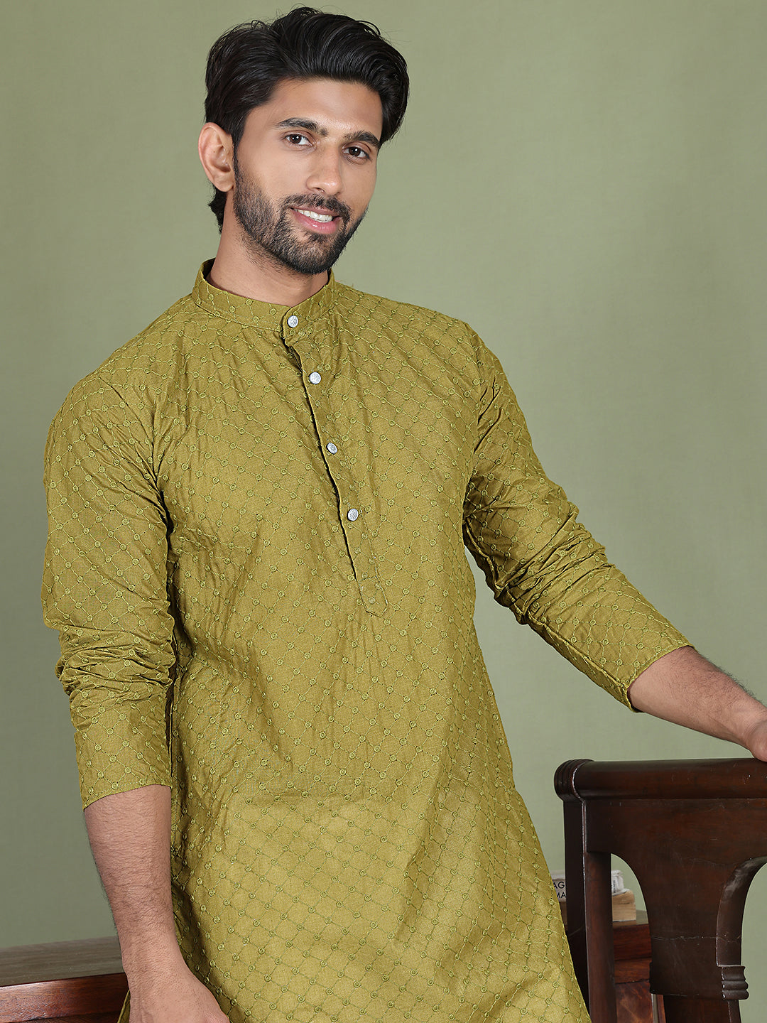 Chikankari Pure Cotton Kurta with Churidar ( JOKP 5158Olive )