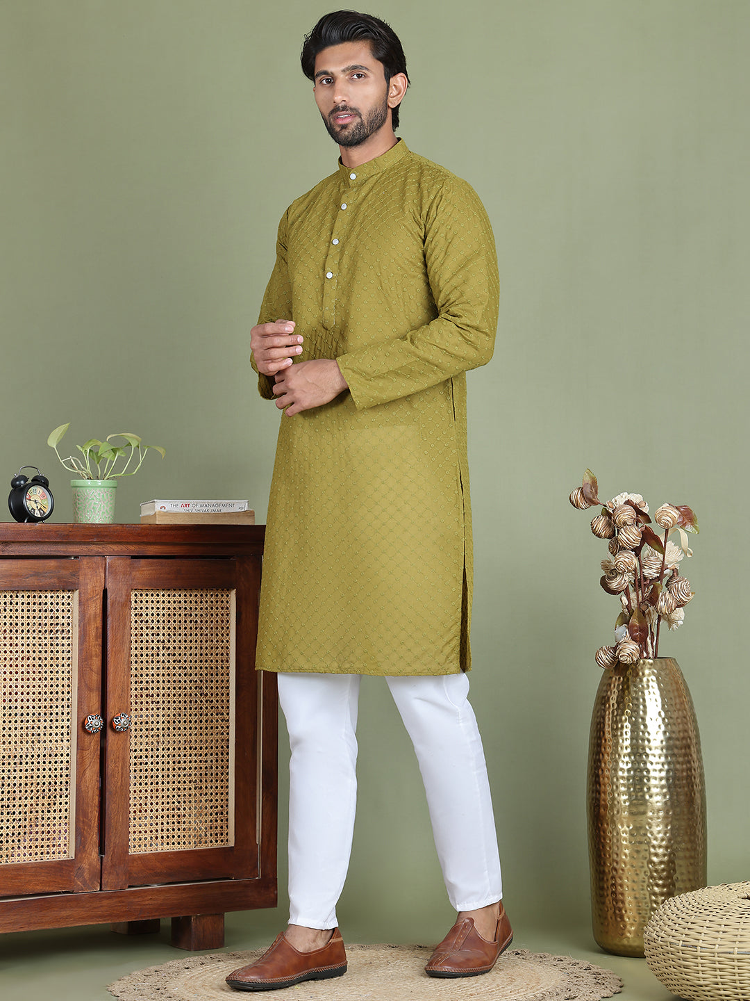 Chikankari Pure Cotton Kurta with Churidar ( JOKP 5158Olive )