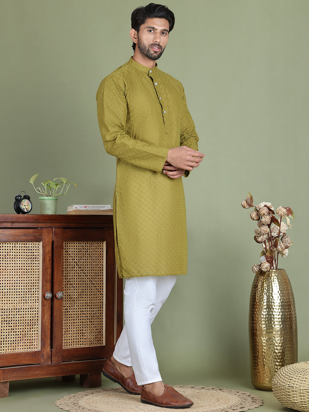 Chikankari Pure Cotton Kurta with Churidar ( JOKP 5158Olive )