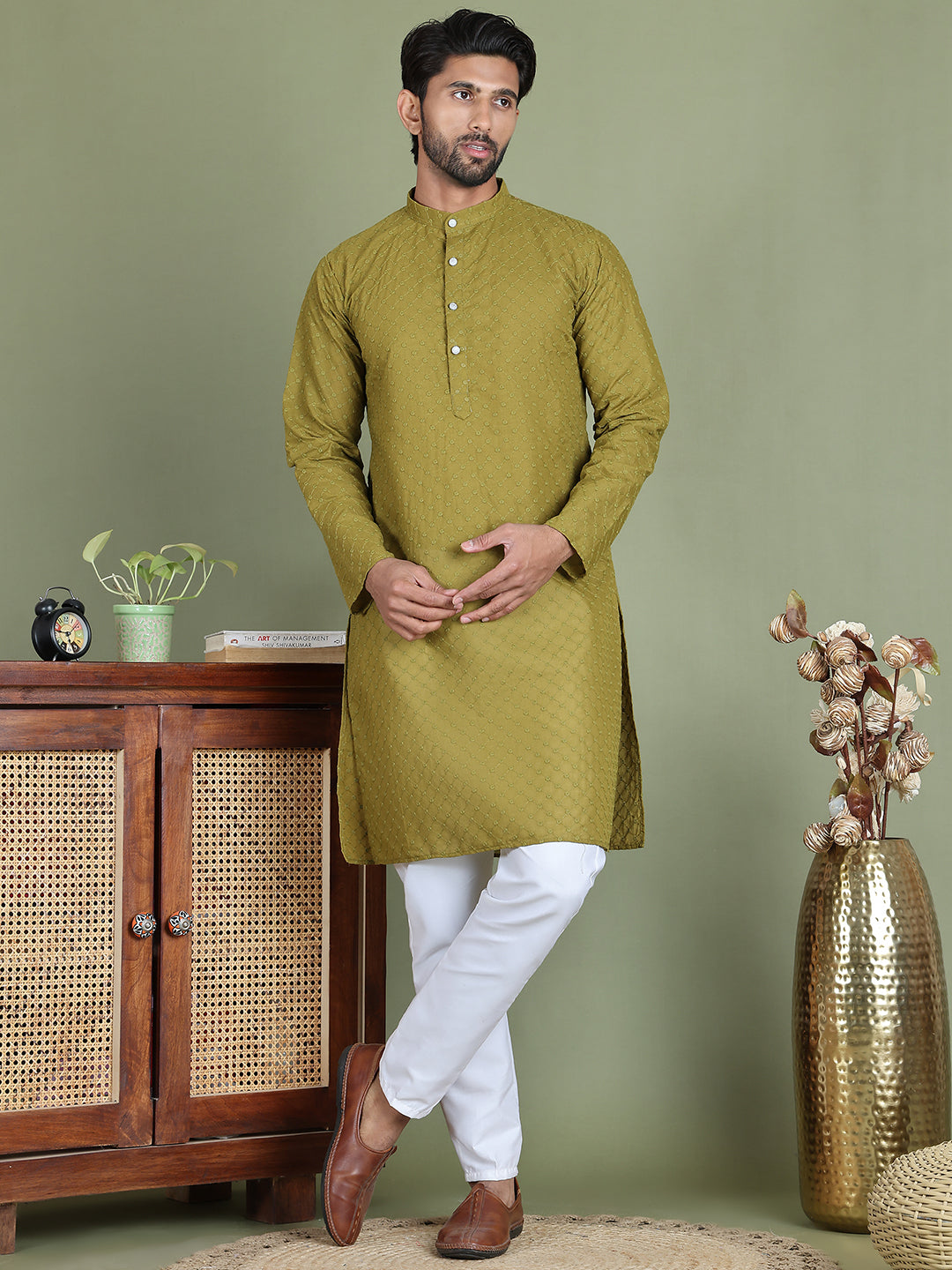Chikankari Pure Cotton Kurta with Churidar ( JOKP 5158Olive )