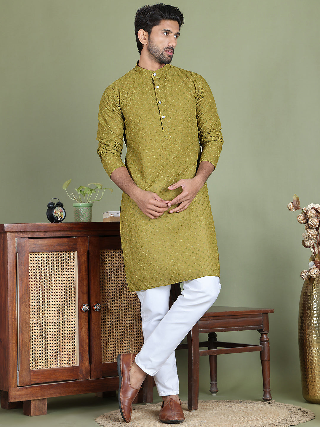 Chikankari Pure Cotton Kurta with Churidar ( JOKP 5158Olive )
