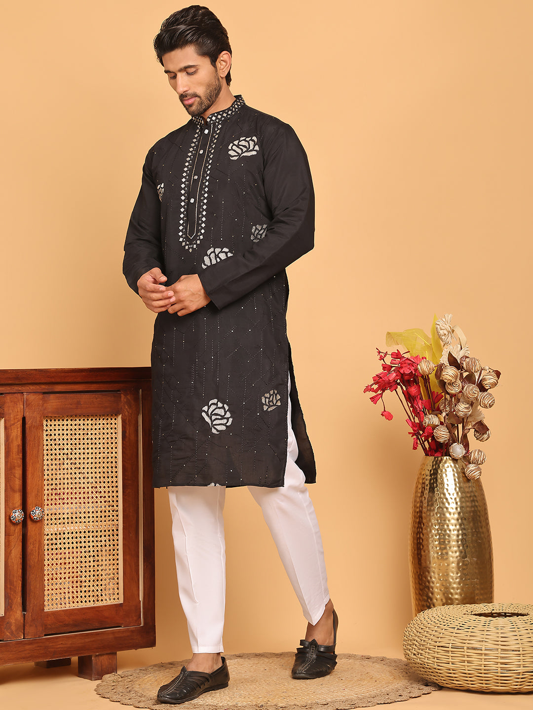 Men's Sequins Embroidered Kurta With Pyjama ( JOKP P 5159 Black )