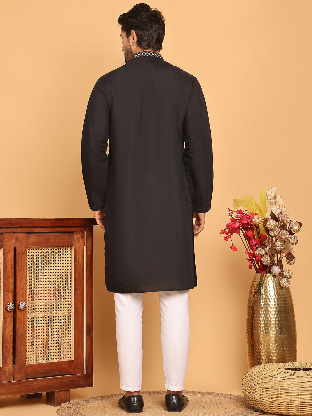 Men's Sequins Embroidered Kurta With Pyjama ( JOKP P 5159 Black )