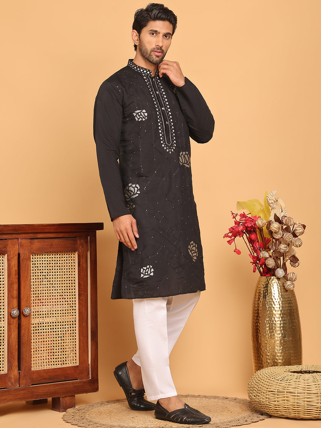 Men's Sequins Embroidered Kurta With Pyjama ( JOKP P 5159 Black )