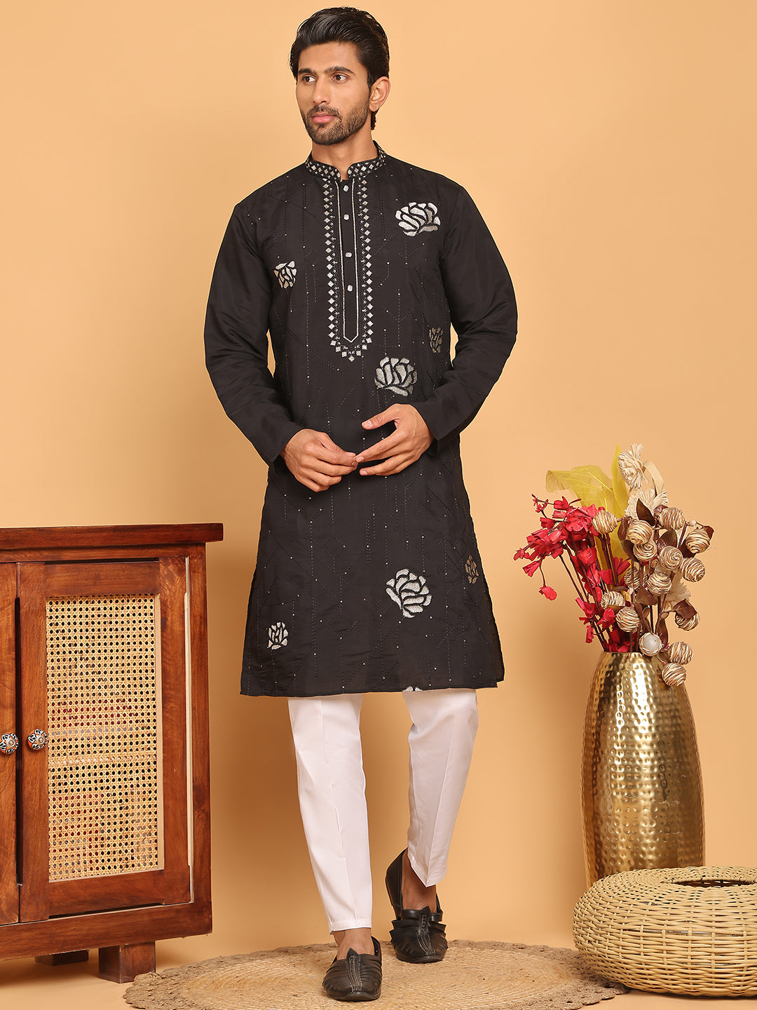 Men's Sequins Embroidered Kurta With Pyjama ( JOKP P 5159 Black )