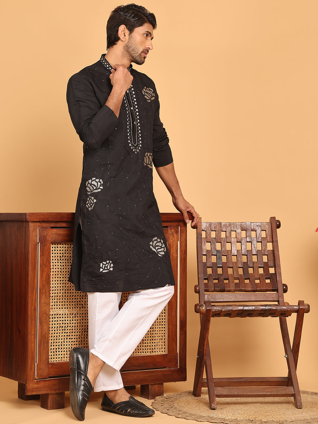 Men's Sequins Embroidered Kurta With Pyjama ( JOKP P 5159 Black )
