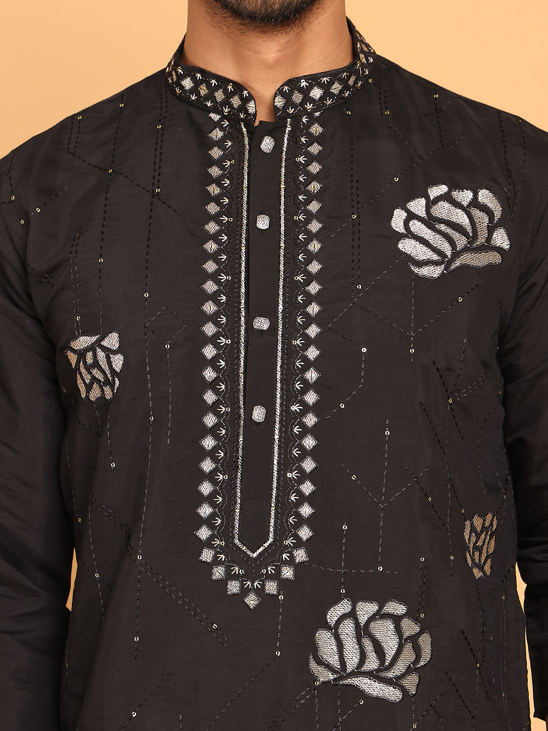 Men's Sequins Embroidered Kurta With Pyjama ( JOKP P 5159 Black )