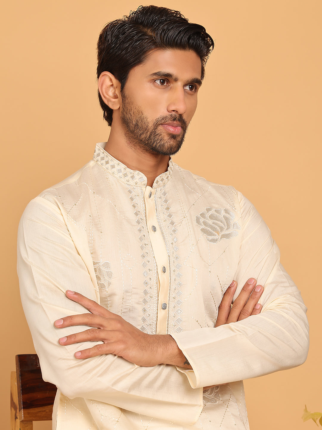 Men's Sequins Embroidered Kurta With Pyjama ( JOKP P 5159 Cream )