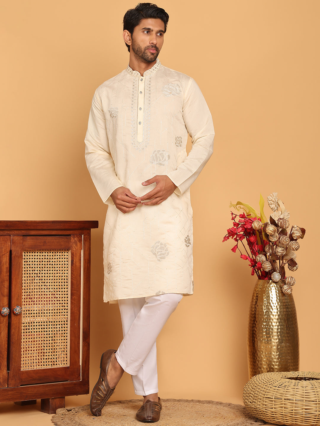 Men's Sequins Embroidered Kurta With Pyjama ( JOKP P 5159 Cream )