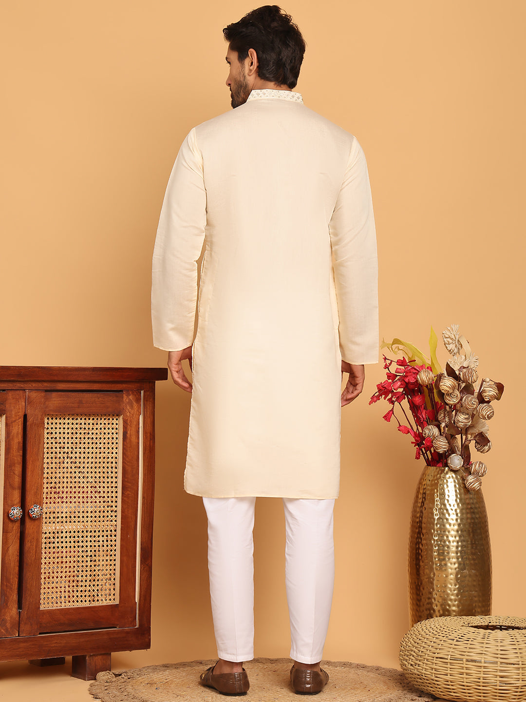 Men's Sequins Embroidered Kurta With Pyjama ( JOKP P 5159 Cream )