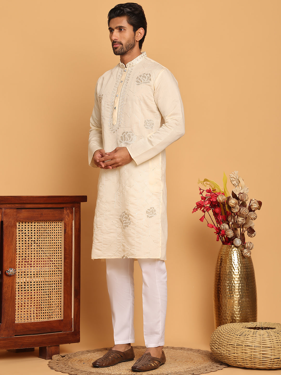 Men's Sequins Embroidered Kurta With Pyjama ( JOKP P 5159 Cream )