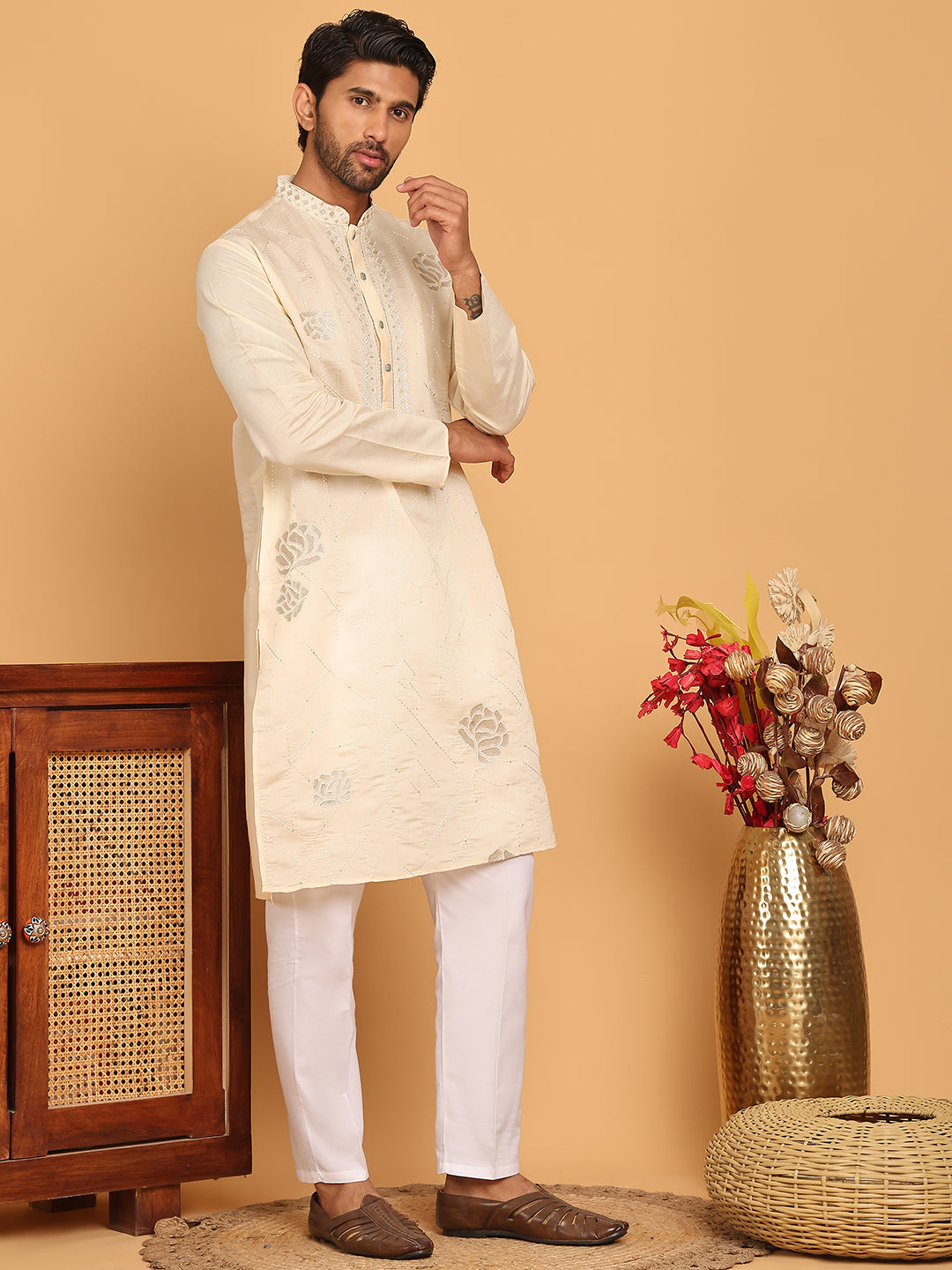 Men's Sequins Embroidered Kurta With Pyjama ( JOKP P 5159 Cream )