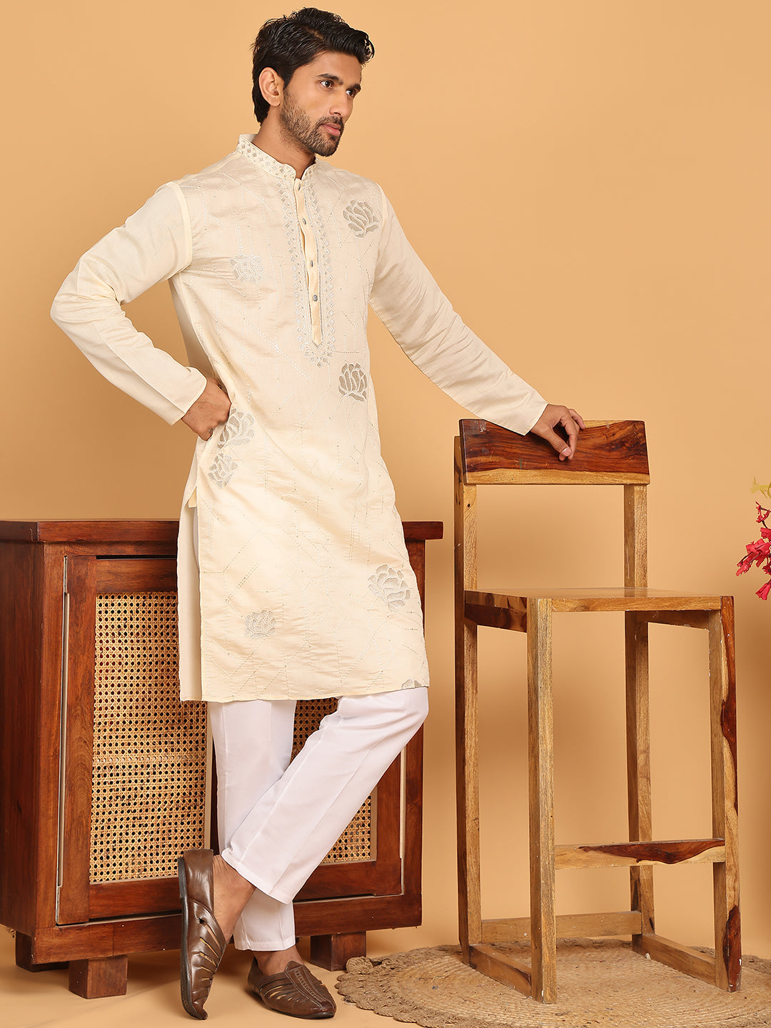 Men's Sequins Embroidered Kurta With Pyjama ( JOKP P 5159 Cream )