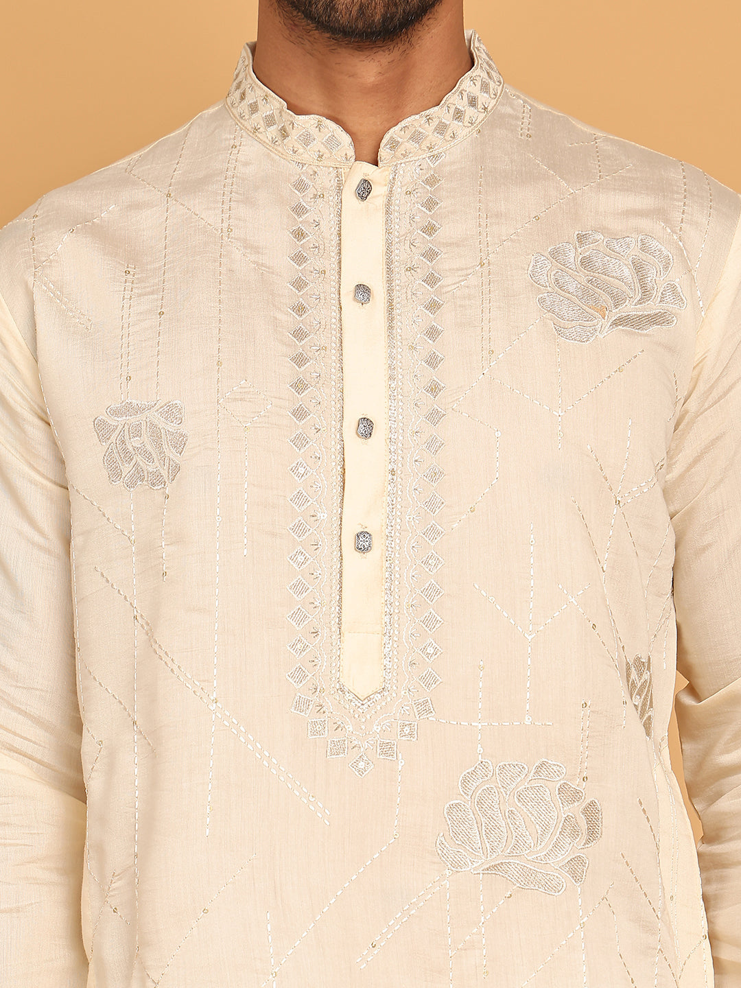 Men's Sequins Embroidered Kurta With Pyjama ( JOKP P 5159 Cream )