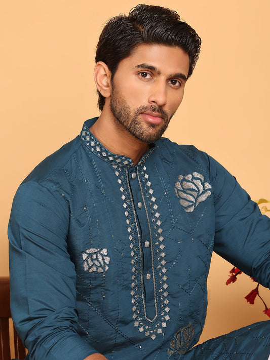 Men's Sequins Embroidered Kurta With Pyjama ( JOKP P 5159 Peacock )