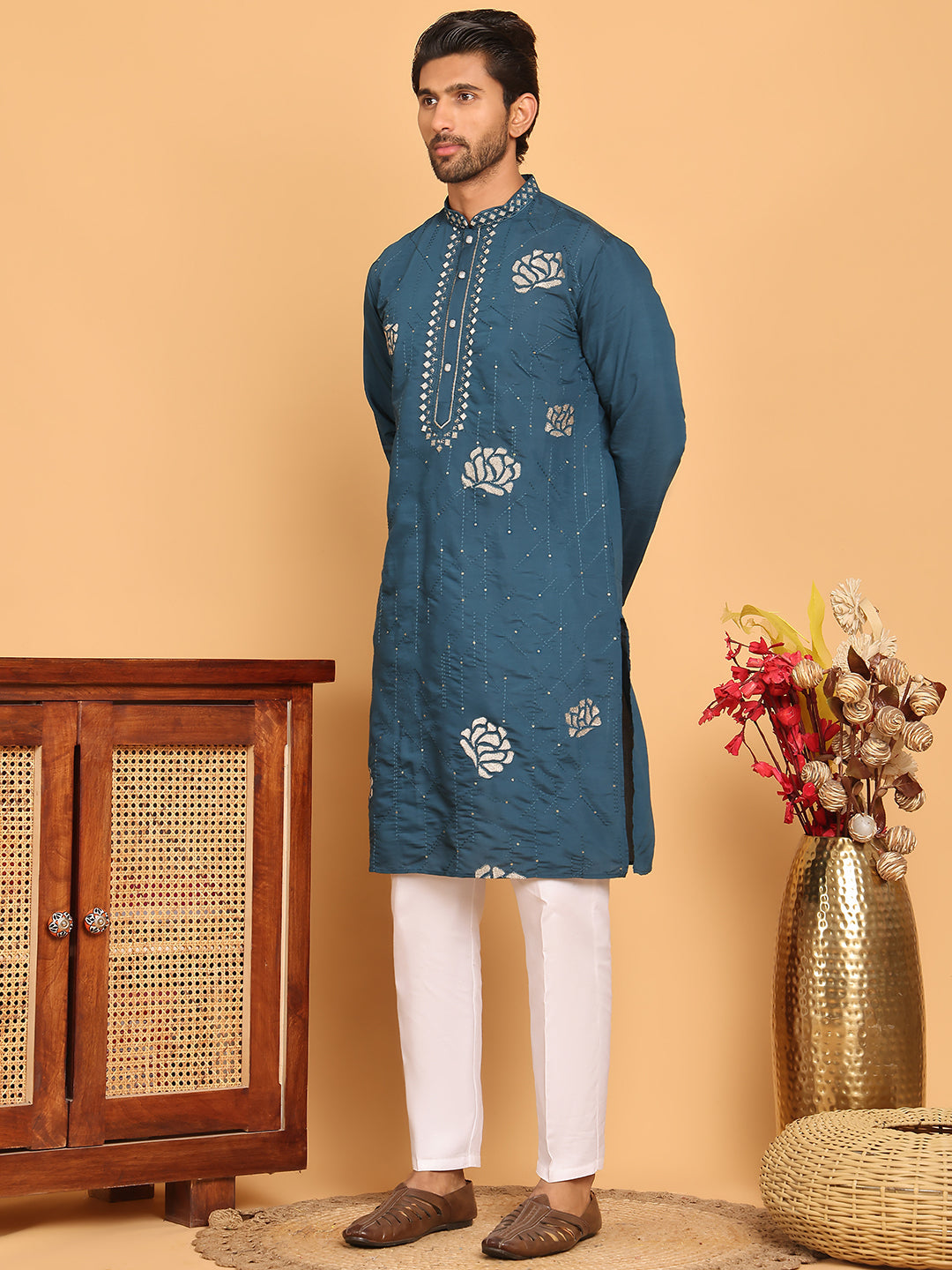 Men's Sequins Embroidered Kurta With Pyjama ( JOKP P 5159 Peacock )
