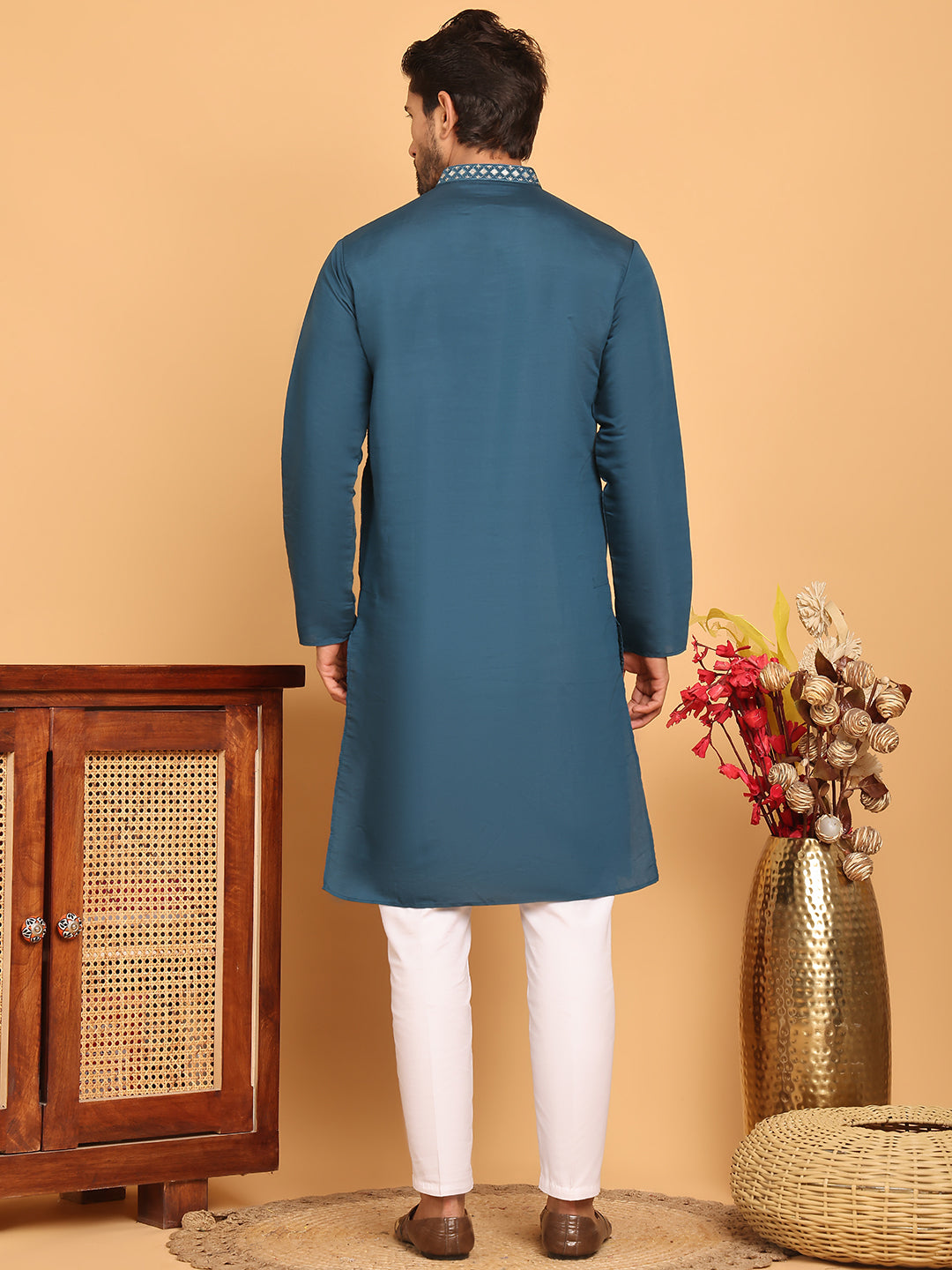 Men's Sequins Embroidered Kurta With Pyjama ( JOKP P 5159 Peacock )