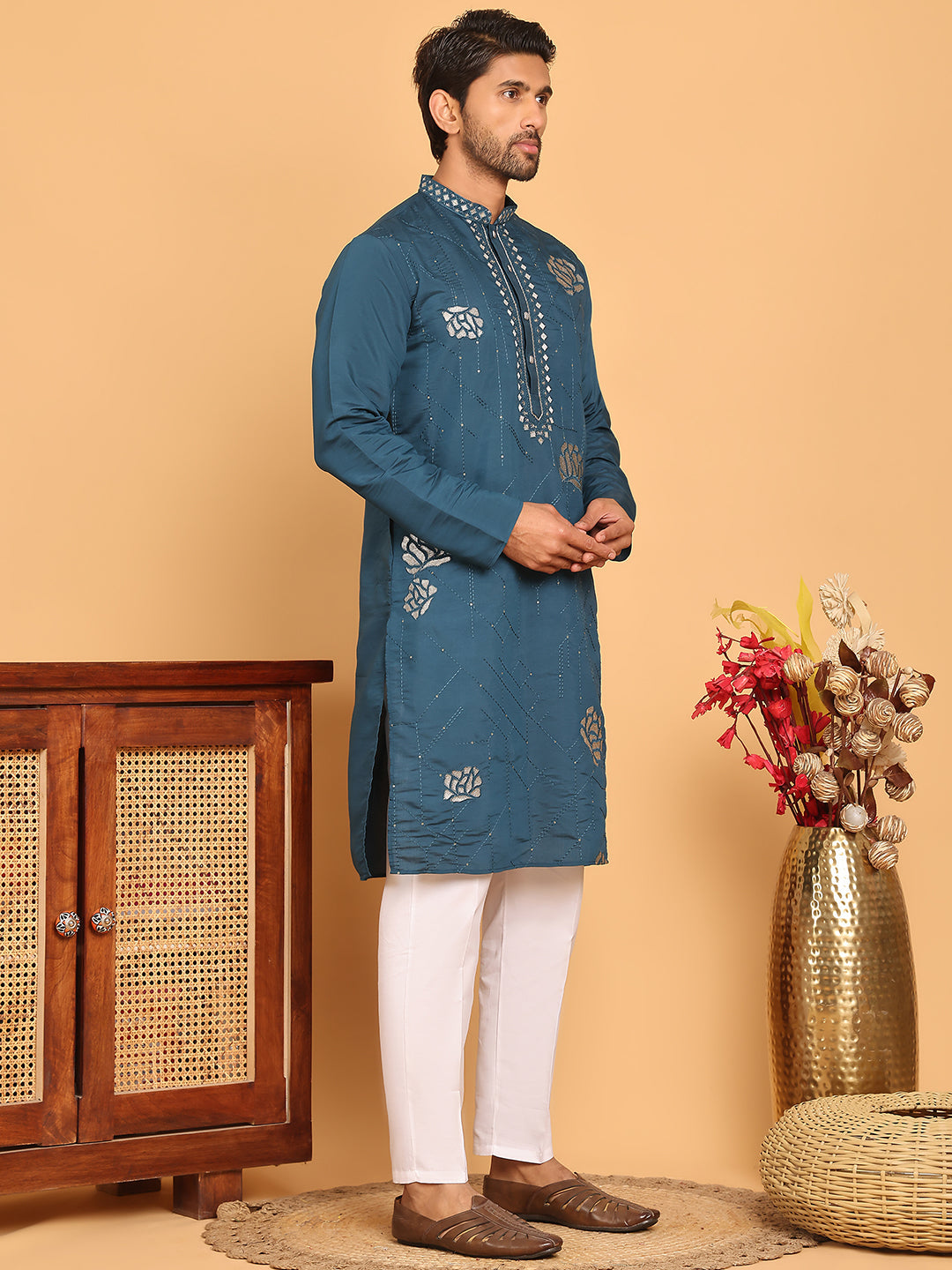 Men's Sequins Embroidered Kurta With Pyjama ( JOKP P 5159 Peacock )